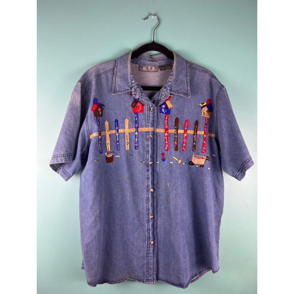 Way To Go Embroidered Denim Shirt Xl | Birdhouse Garden Scene Short Sleeve Weste
